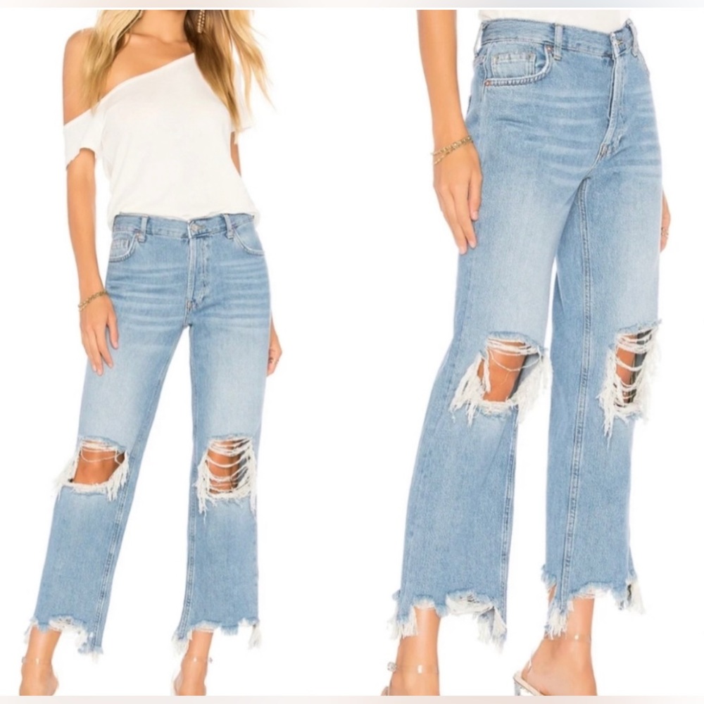 Free People Light Blue Distressed Straight Leg Jeans